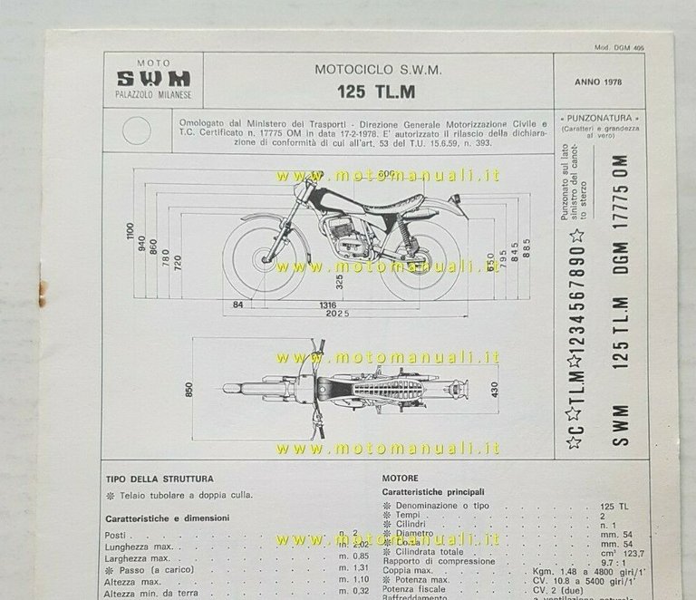 SWM 125 TL.M Trial 1978 scheda omologazione DGM originale Motorizzazione
