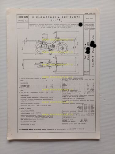 Tecnomoto 50 Personal 4 1974 scheda omologazione DGM Facsimile