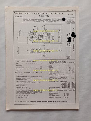 Tecnomoto 50 Personal 4 1974 scheda omologazione DGM Facsimile