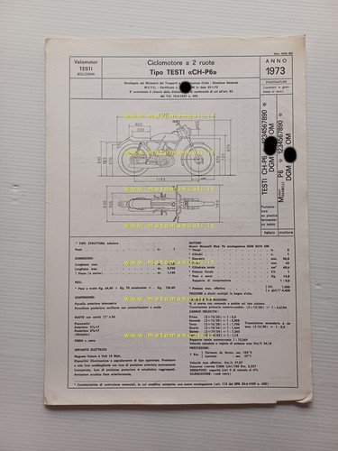 Testi 50 Champion P6 1973 scheda omologazione DGM Facsimile Motorizz. …