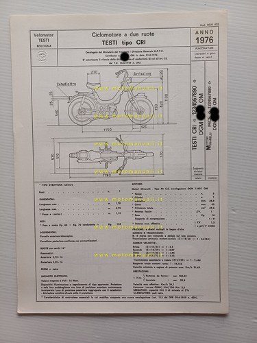 Testi 50 Cricket 1976 scheda omologazione DGM Facsimile Motorizzazione originale