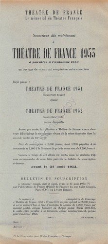 Theatre de France 1953 - Le memorial - Bulletin de … | Immagine principale