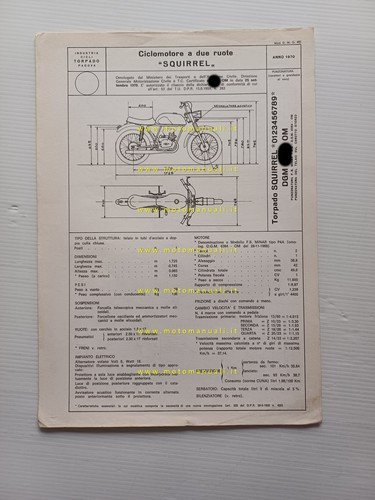 Torpado 50 Squirrel 1970 scheda omologazione DGM Facsimile Motorizz. originale