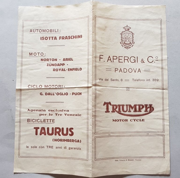 Triumph moto depliant anni '20 originale italiano brochure