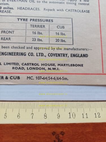 Triumph schema lubrificazione Terrier - Tiger Cub depliant poster 1964 …