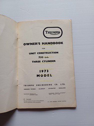 Triumph Trident 750 1973 manuale uso manutenzione originale inglese