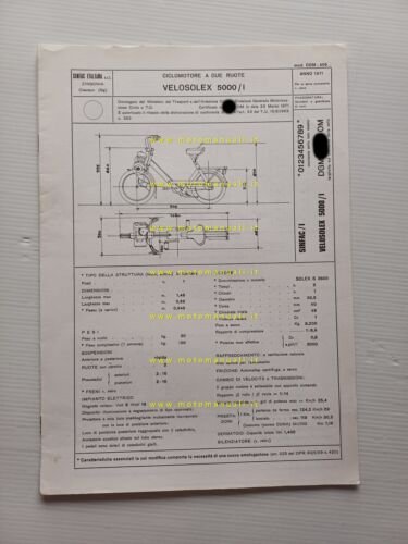 Velosolex 5000 I 1971 scheda omologazione DGM Facsimile Motorizz. originale