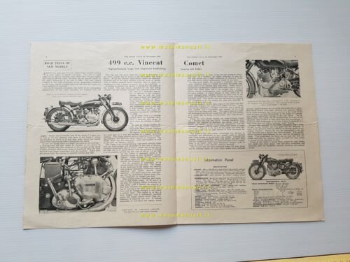 Vincent Comet 500 ristampa articolo Motor Cycle 1950 depliant originale