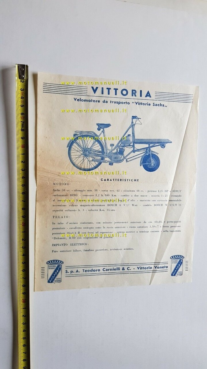 Vittoria Sachs ciclomotore trasporto anni 50 depliant originale ITALIANO