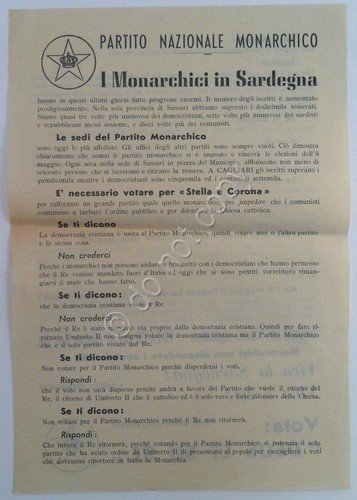 Volantino elettorale Partito Nazionale Monarchico Sardegna 1949 "Deus et su …
