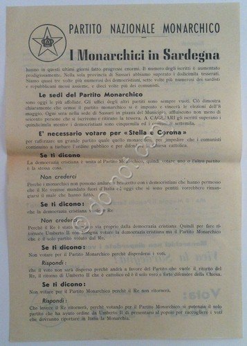 Volantino elettorale Partito Nazionale Monarchico Sardegna 1949 "Deus et su …