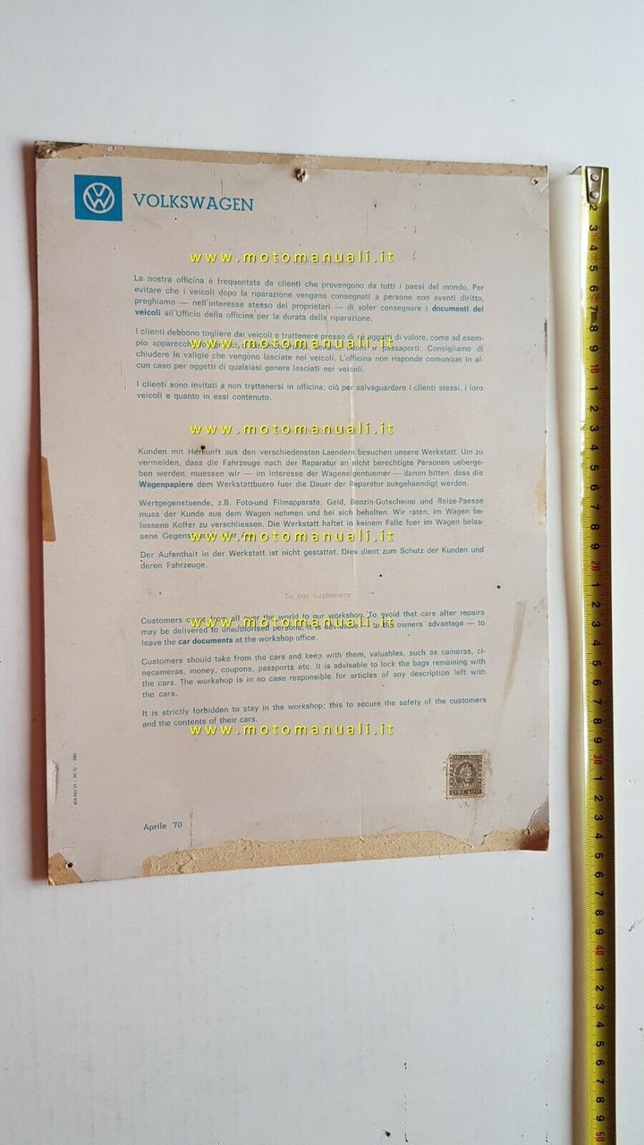 Volkswagen tabella officine autorizzate servizio VW 1970 originale cartonato