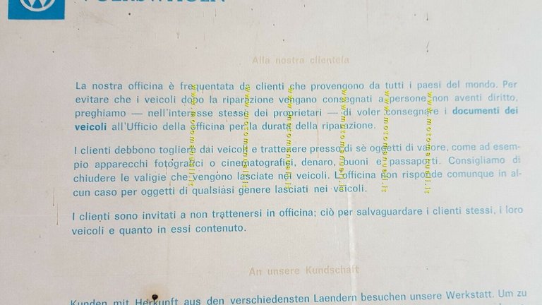Volkswagen tabella officine autorizzate servizio VW 1970 originale cartonato