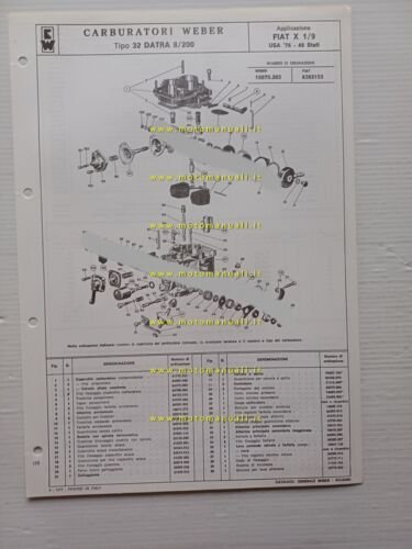 Weber carburatore 32 DATRA 8.200 Fiat X1.9 USA 1976 catalogo …