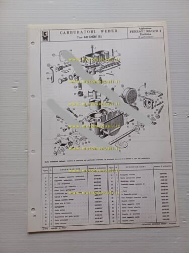 Weber carburatore 40 DCN 21 Ferrari 365 GTB.4 Daytona 1970 catalogo ricambi orig