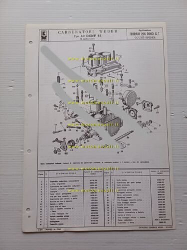 Weber carburatore 40 DCNF 13 Ferrari Dino 206 GT 1971 catalogo ricambi originale