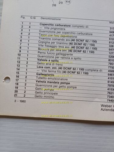 Weber carburatore 40 DCNF 62-63.150 Lamborghini Urraco 1980 catalogo ricambi