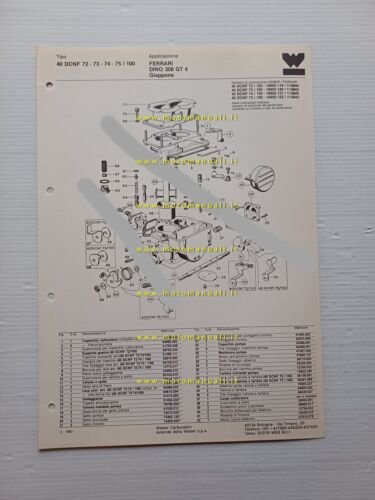 Weber carburatore 40 DCNF 72 Ferrari Dino 308 GT4 Giappone 1980 catalogo ricambi