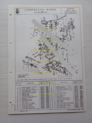 Weber carburatore 45 DFC 12 Fiat 130 catalogo ricambi +regolazioni