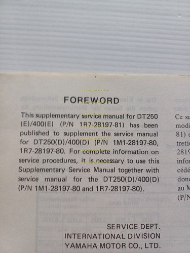 Yamaha DT 250 - DT 400 1R7 AGGIORNAMENTO 1977 manuale …