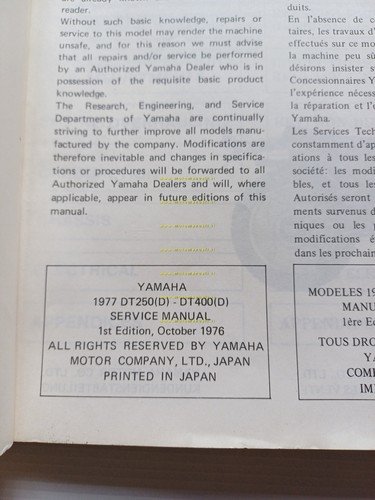 YAMAHA DT 400 - 250 1M1 1977 manuale officina INGLESE …