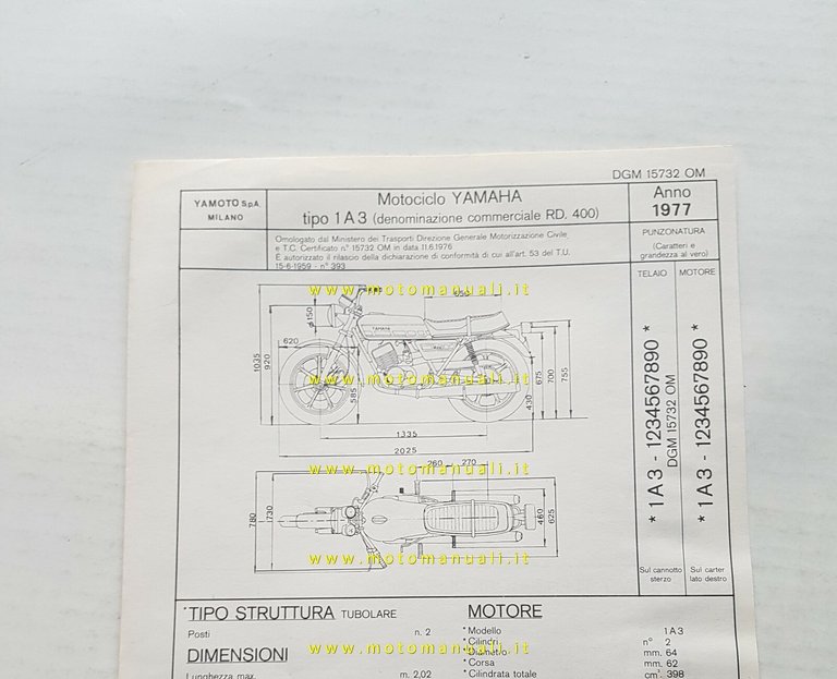 Yamaha RD 400 1A3 1977 scheda omologazione DGM originale Motorizzazione