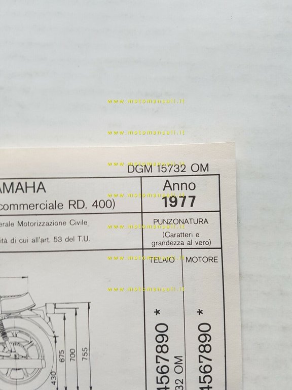 Yamaha RD 400 1A3 1977 scheda omologazione DGM originale Motorizzazione
