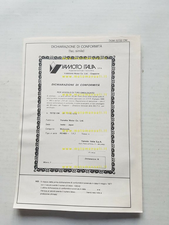 Yamaha RD 400 1A3 1977 scheda omologazione DGM originale Motorizzazione
