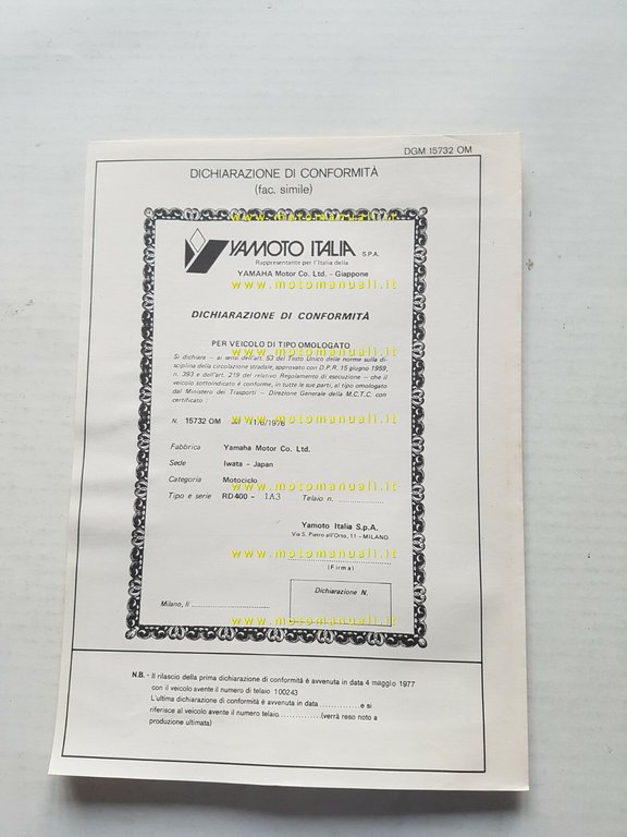 Yamaha RD 400 1A3 1977 scheda omologazione DGM originale Motorizzazione