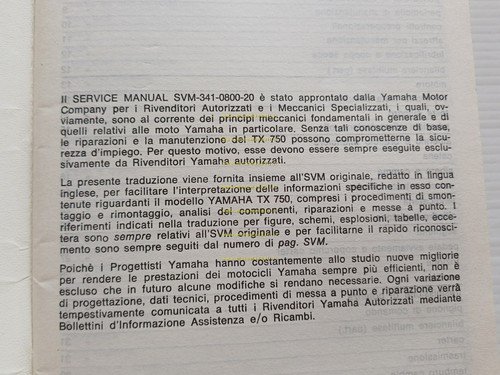 Yamaha TX 750 1973 manuale officina originale Italiano