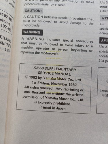 Yamaha XJ 650 27F AGGIORNAMENTO 1983 manuale officina originale