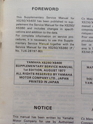 Yamaha XS 250- XS 400 2J0 AGGIORNAMENTO 1977 manuale officina …