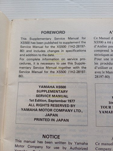Yamaha XS 500 2G8 AGGIORNAMENTO 1977 manuale officina originale