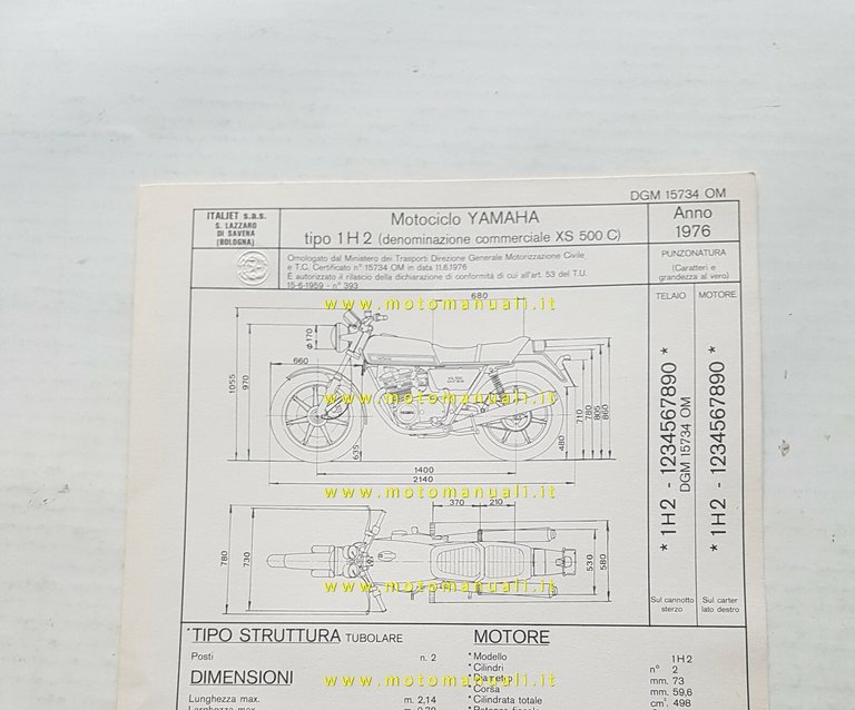 Yamaha XS 500 C 1H2 1976 scheda omologazione DGM originale …