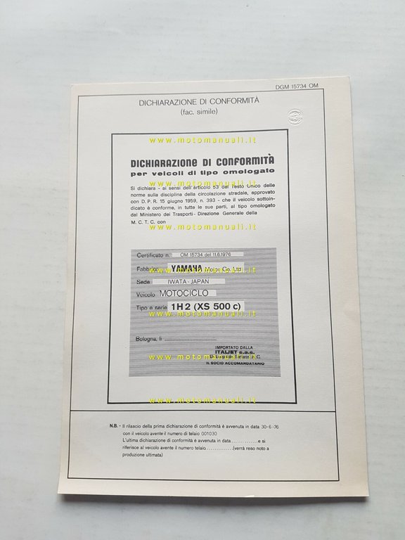 Yamaha XS 500 C 1H2 1976 scheda omologazione DGM originale …