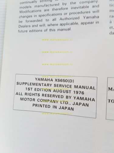 Yamaha XS 650 D 1T3 AGGIORNAMENTO 1976 manuale officina originale
