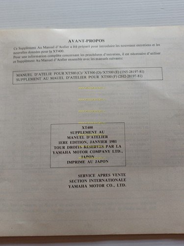 Yamaha XT 400 1981 AGGIORNAMENTO manuale officina inglese francese originale