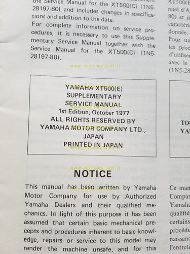 Yamaha XT 500 E 2H2 AGGIORNAMENTO 1977 manuale officina originale