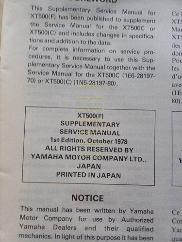 Yamaha XT 500 F 2H2 AGGIORNAMENTO 1978 manuale officina originale