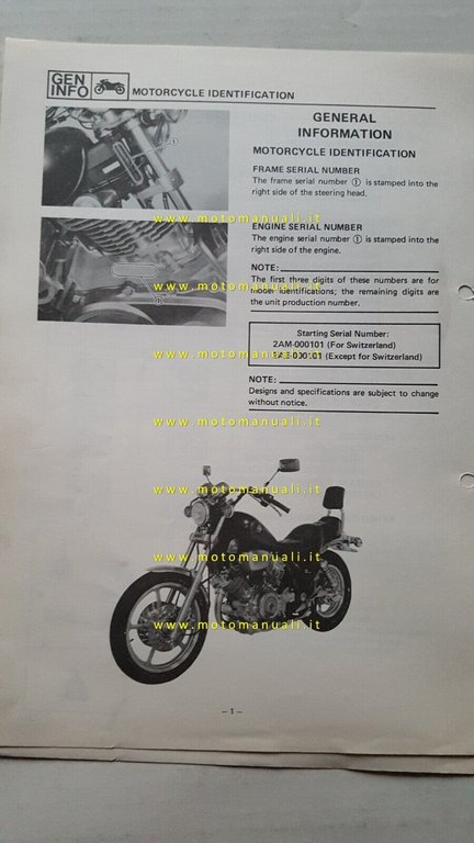 Yamaha XV 1000 1986 Service Information manuale officina ITALIANO originale