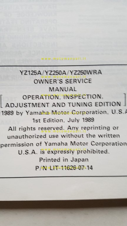 YAMAHA YZ 125 A-250 A-250 WRA 1989 manuale officina INGLESE …