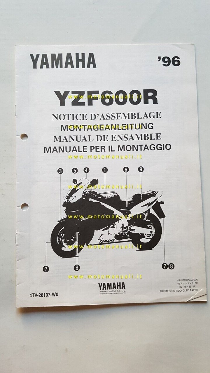 Yamaha YZF 600 R 1996 manuale assemblaggio officina originale no …