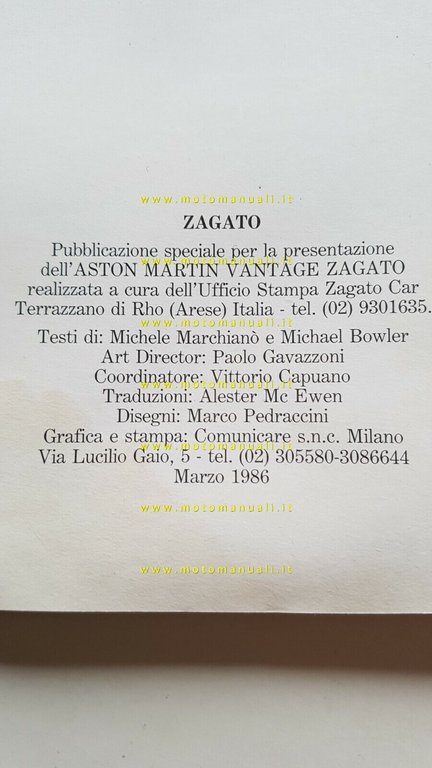Zagato Aston Martin Vantage 1986 opuscolo cartella stampa originale ITALIANO