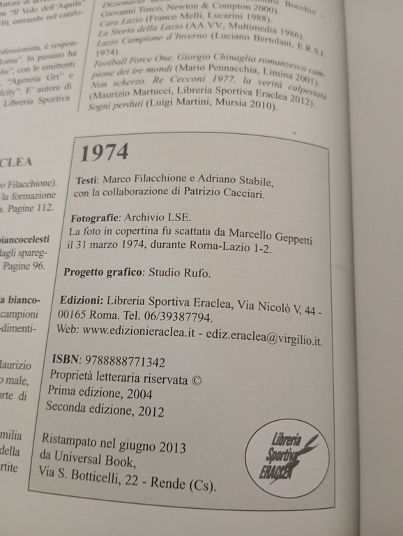 1974 La storia incredibile della Lazio di Maestrelli, Filacchione Stabile, …