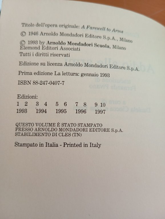 Addio alle armi, Ernest Hemingway, Mondadori scuola - La lettura, … | Immagine Gallery 7