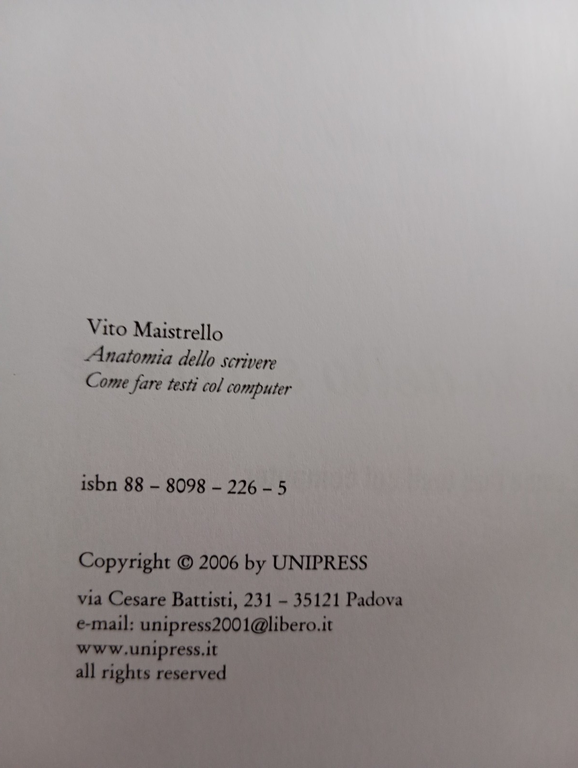 Anatomia dello scrivere, Vito Maistrello, unipress, 2006