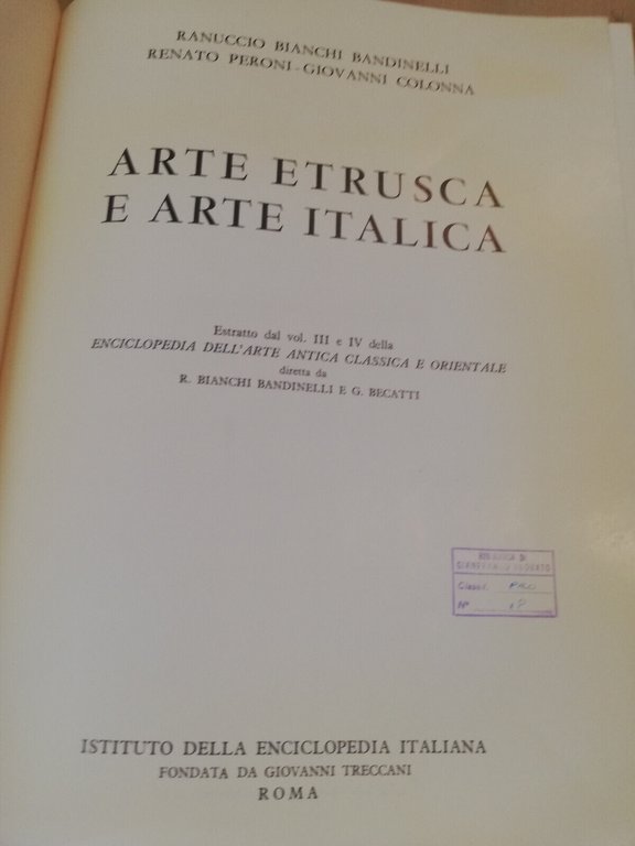 Arte etrusca e arte italica, Bandinelli Peroni Colonna, 1963