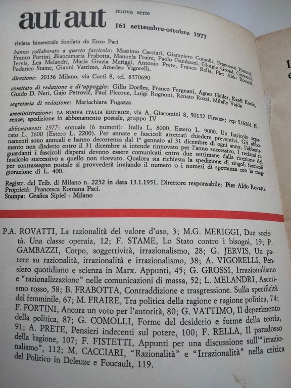 Aut Aut, numero 161, settembre-ottobre 1977, Fortini Vattimo Rella Cacciari
