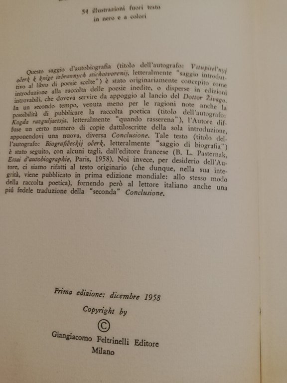 Autobiografia e nuovi versi, Boris Pasternak, 1958, Feltrinelli, prima edizione