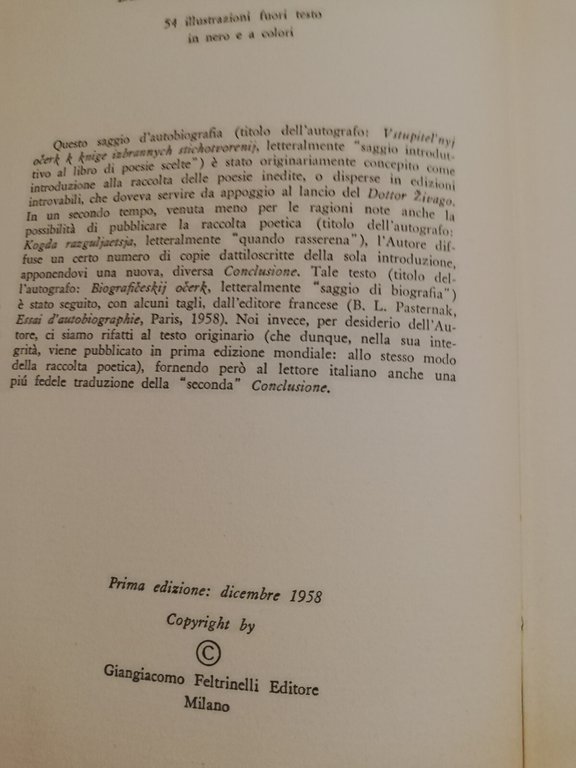 Autobiografia e nuovi versi, Boris Pasternak, 1958, Feltrinelli, prima edizione | Immagine Gallery 9